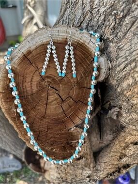 Turquoise Bead and Silver Accent Necklace with Matching Earrings - Women Jewelry